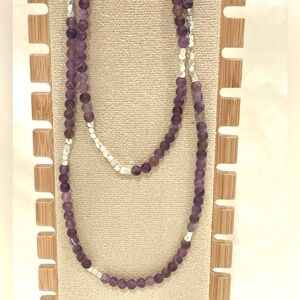 🥳BOGO! Natural Amethyst Stone Beads and Silver Accent Beads Elastic Necklace.